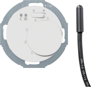 R.classic/Serie 1930/Glas Regulator temperatury podłogi ze stykiem zwiernym, elementem centralnym, łącznikiem i 2 diodami LED, biały, połysk Berker 20342079