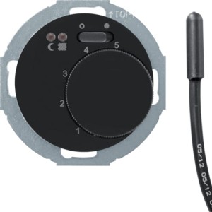 R.classic/Serie 1930/Glas Regulator temperatury podłogi ze stykiem zwiernym, elementem centralnym, łącznikiem i 2 diodami LED, czarny, połysk Berker 20342035