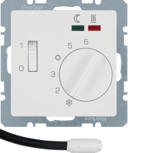 Q.x Regulator temperatury podłogi ze stykiem zwiernym, elementem centralnym, łącznikiem i 2 diodami LED, biały, aksamit Berker 20346089
